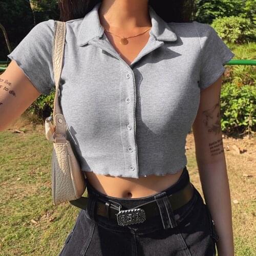 Womens Cropped Top Lapel Coat Loose Short Sleeve Bare Navel Slimming Casual Party Grey Shirt