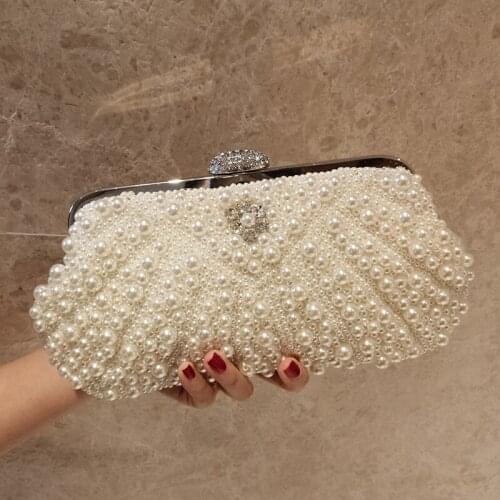 Womens Evening Luxury Clutch Bag Cheongsam full dress Party Small Handbag Wedding Purse Mini Square Pearl Chain Shoulder Bags