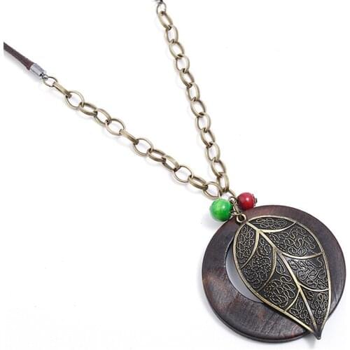 Leaf Long Fashion Handmade Collar Round Wood Vintage Alloy Bronze Leather Pendants Necklace Women Men Chain Jewelry