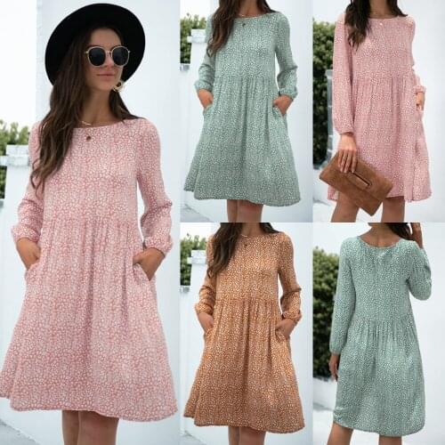 Dress Womens Clothing 2021 Robe Femme Spring Autumn A-Line Dresses Pockets O-Neck Long Sleeve Dress For Woman Vestido De Mujer