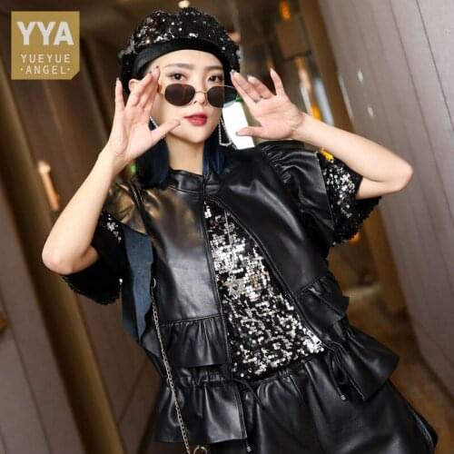 Harajuku Women New Ruffles Vest Sleeveless Jacket Slim Fit Short Stand Collar Sheepskin Real Leather Waistcoat Fashion Vest Tops