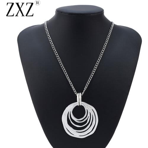 ZXZ Large Abstract Metal Open Rings Circles Pendant Long Chain Necklace Silver Color Lagenlook