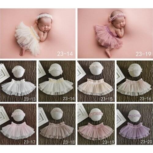 066B Newborn Photography Props Lace Skirt Pearl Headband Set Baby Photo Shooting Costume Posing Assist Fotografie Accessories