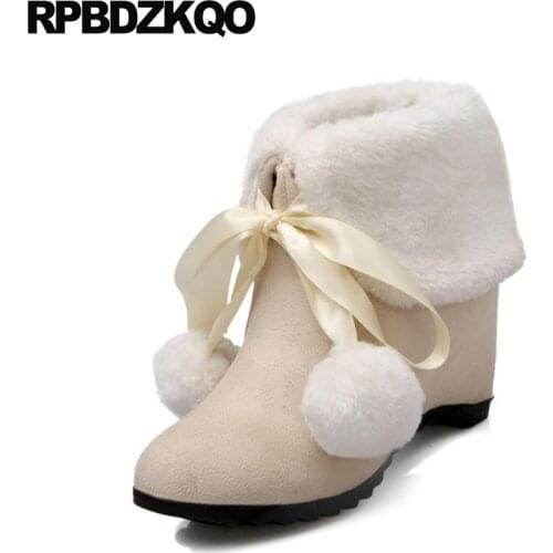 10 Ankle Shoes Big Size Slip On Lace Up Pom Poms Height Increased High Heel Lolita Beige Suede Kawaii Women Boots Winter 2021