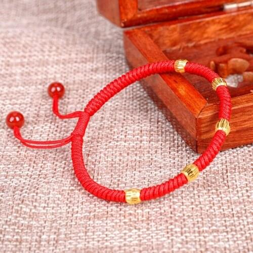 999 24K Yellow Gold Bracelet Women Red Rope Weave 5 PCS Bead Adjustable