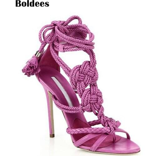 Solid color multi hemp strap crisscross stiletto high heel sandals fashion ankle lace-up knot embellished sandal shoes