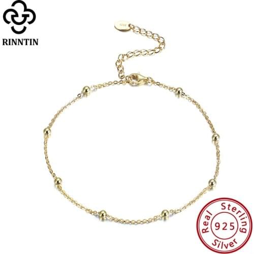 Rinntin Real 925 Sterling Silver Round Shape 14K Gold Plating Anklet 5CM Extension Chain For Girls Gift Engagement TSA05