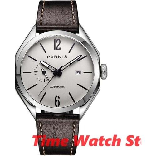 PARNIS 43mm Miyota 821A 5ATM Fashion Automtic watch men Sapphire glass waterproof leather Strap white beige silver dial