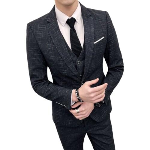 Business Plaid Jacket Vest Trousers Men Spring Fall 2021 Slim Fit Wedding Suit Blazers Dress Coat Trousers Waistcoat 3 Pcs Set