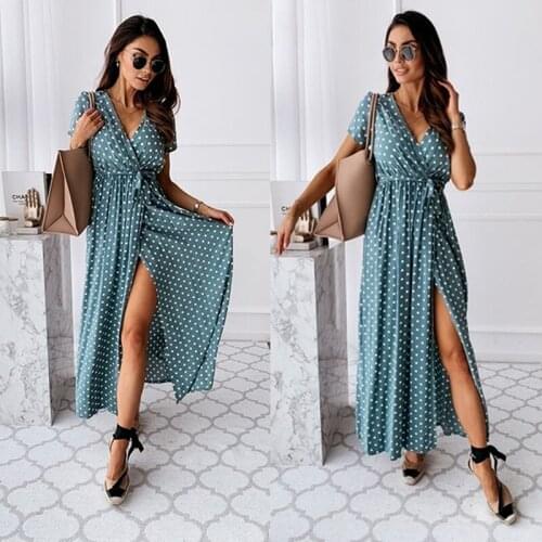 Boho Polka Dot Long Dresses Women Split Short Sleeve Summer Casual Dress 2021 Streetwear Black Maxi Dress Vestidos