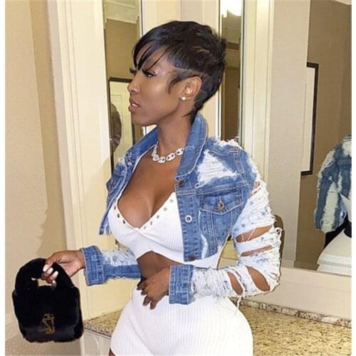 Turn-down Collar Jean Jacket Vintage Sexy Hole Short Denim Jacket Women Casual Blue Fashionable Women Coats Outwear