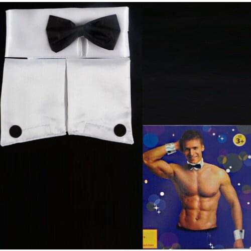Mens Adults Dancer Cosplay Costume Male Bow Tie Collar Butler Waiter Cuffs Lingerie Set For Halloween Costume Single Party