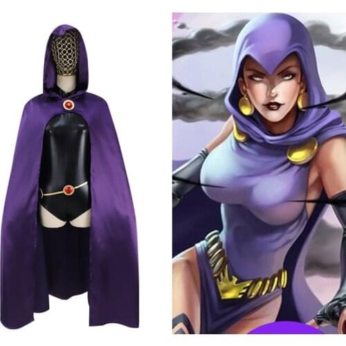 Anime Teen Titans Raven Cosplay Costumes Child Adult Jumpsuits+Cloak+Gemstone Belt Chain Party Halloween Fancy Ball Bodysuit