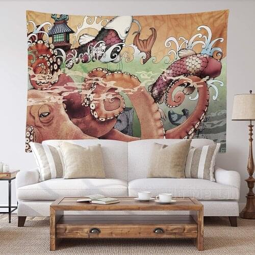 Colorful Wall Tapestry Octopus The Great Wave Japanese Mysterious Monster Paintinginches