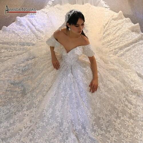 Off the shoulder full lace wedding dress with long lace veil new design