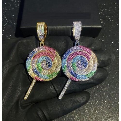 Cute lovely girl women jewelry rainbow cz lollipop pendant tennis chain necklace 16" 18" iced women jewelry