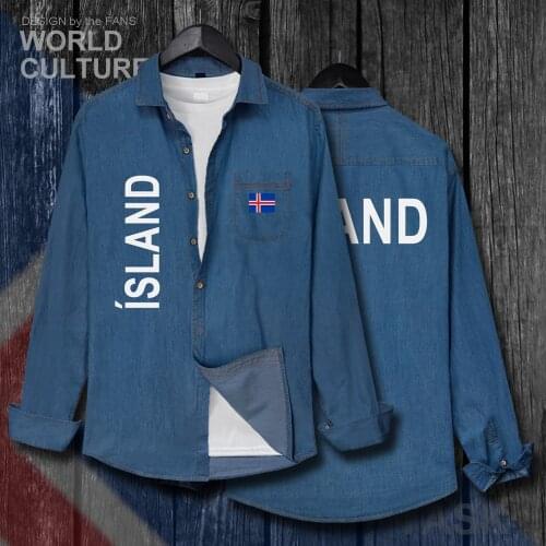 Iceland ISL Icelander Icelandic IS Men Flags tops Autumn Cotton Turn-down Collar Jeans Shirt Long Sleeve fashion Cowboy Clothes