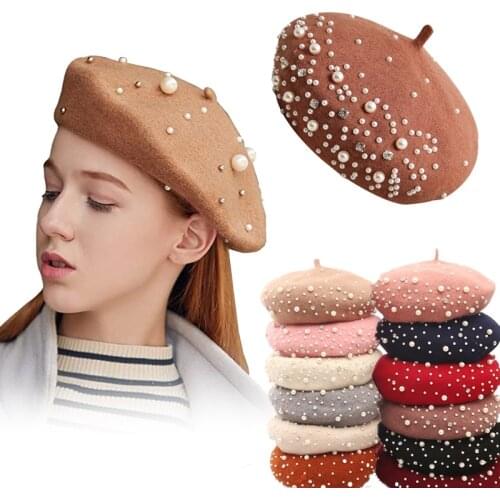 2021 New Fashion Winter Warm French Pearl Rhinestone Beret Hat Elegant Beanie Caps Solid Color Casual Autumn Hat for Women Girl