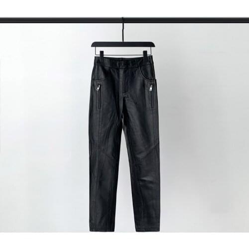 New Fashion Leather Pants Streetwear Womens Sheep Skin Slim Slimming Pants Trousers Casual Pants Tide Genuine