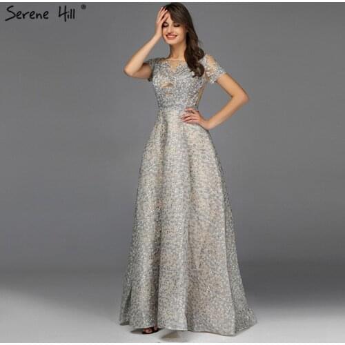 Grey O-Neck Crystal Prom Dressese Design 2020 Real Photo Short Sleeves A-Line Prom Gowns Serene Hill BLA70148
