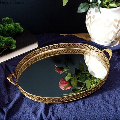 European Style Home Brass Mirror Storage Tray Living Room Coffee Table Decoration Fruit Plate Ornaments Retro Decorative Plate