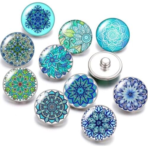 DB1015 water blue flower patterns 18mm snap buttons 10pcs mixed round photo glass cabochon style for snap button jewelry