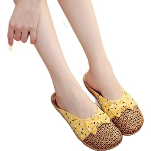 Suihyung Summer Home Slippers For Women Linen Weaving Floral Flowers Casual Slides Flip Flops Ladies Flat Sandals Flax Slip On