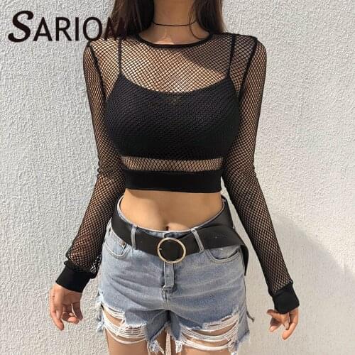 Black Gothic Punk Mesh Fishnet Tops for Women Full Sleeves Crew Neck Perspective Tshirts Short Cropped Feminino Indie Aesthetic