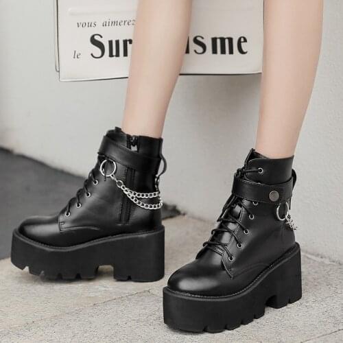 New Sexy Chain Women Leather Autumn Boots 2021 Block Heel Gothic Black Punk Style Platform Shoes Female Footwear High Quality