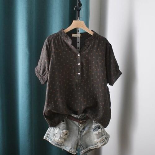 FairyNatural Women Vintage Floral Cherry Print Pullover Tops Short Sleeve Cotton Yarn Ladies Stand Collar Shirt Blouse Mori Girl