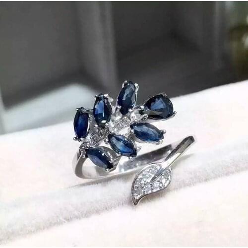 Luxurious Leaf flower fan Natural blue sapphire Ring S925 Silver Natural gemstone Adjustable size Ring Women party gift Jewelry