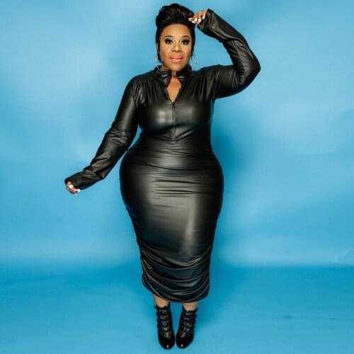 Plus Size Clothing for Women Dresses Zip Up Long Sleeve Dress PU Leather Stretch High Waist Elegant Dress Wholesale Dropshipping