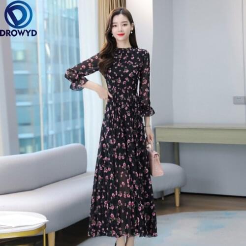 2021 Summer Casual Boho Beach Long Dress Spring Elegant Women Vintage Long-sleeve Floral Chiffon Dresses Bodycon Party Vestidos