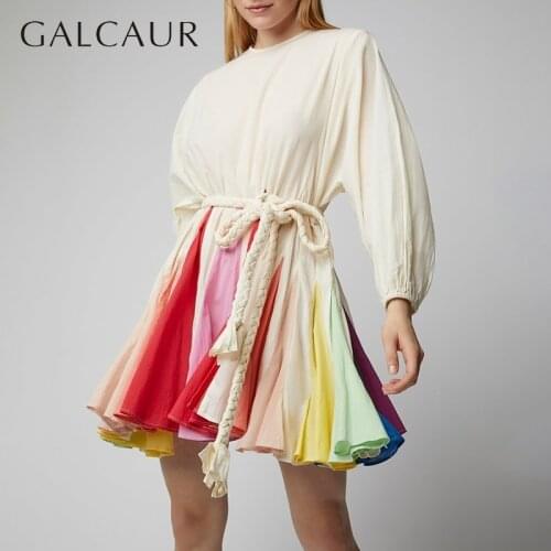 GALCAUR Beach Dress For Women O Neck Lantern Sleeve High Waist With Sashes Patchwork Hit Color Dresses Female 2020 Fashion New