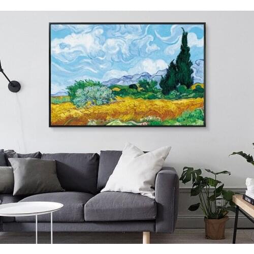 Golden Wheat Field Cypress Blue Sky White Clouds Abstract Landscape Illustration Canvas Art Print Poster Picture Nordic Decorati