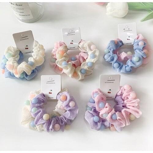 2 Pcs/Set Net Yarn Acrylic Beaded Small Intestine Head Rope Korean Version Cute Sweet Folds Hair Band Ins Candy Color Hair Rope