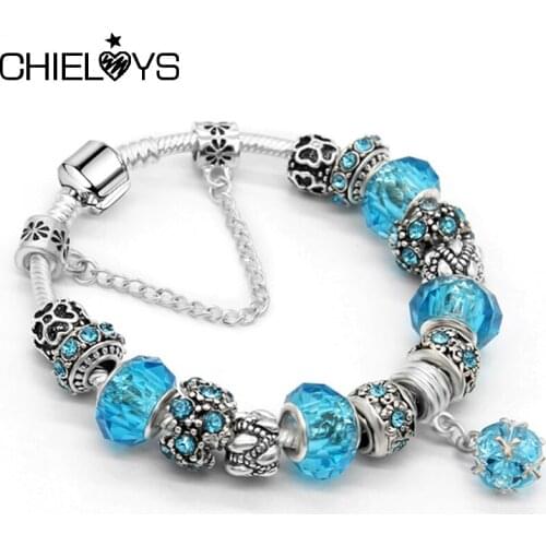 2021 Valentines Day Gif Crystal Crown Charm Bracelets Fit DIY Silver Color Snake Chain Brand Bracelets for Women Wife Jewelry