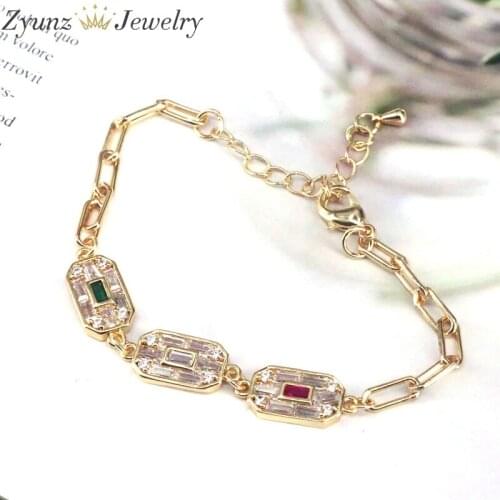 5PCS, Women gold color link chain CZ bar bracelet charm colorful jewelry bracelet for wedding jewelry