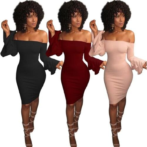 AHVIT Cascading Flare Sleeve Sexy Party Dress Women Slash Neck Backless Sheath Dress Autumn Solid Knee Length Dress WLD0011
