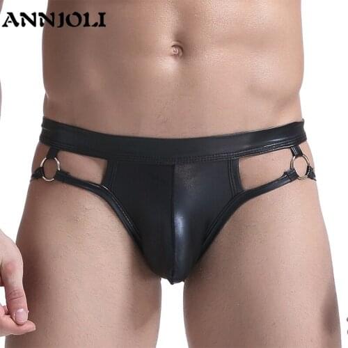 ANNJOLI Gay Men PU Leather Sex Hollow G Strings Underwear Erotic Ring Penis Thongs Mens Button Leaking Ass High Elasticity Panti