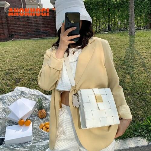 ANOKHOGI Female Pure Color Woven Shoulder Bag Crossbody Bag Casual PU Korean Style Handbag zx118