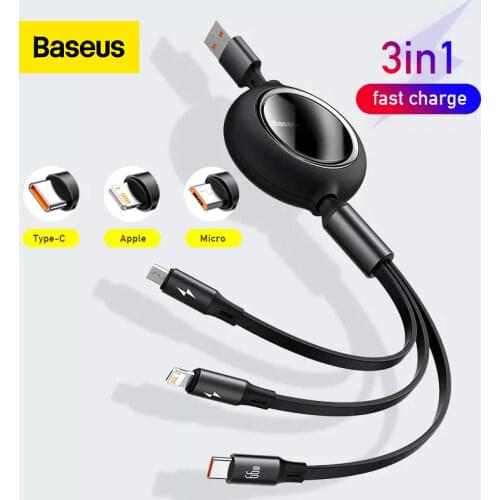 Baseus 3 in1 USB C Cable For iPhone 11 12 66W Fast Charger mobile phone cables Retractable Data Cable For Huawei Micro USB Cable