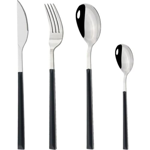 Black Silver Tableware Knife Cake Fork Tea Spoon Set 4Pcs Cutlery Set Kitchen Dinnerware Set Stainless Steel with Wood Holder