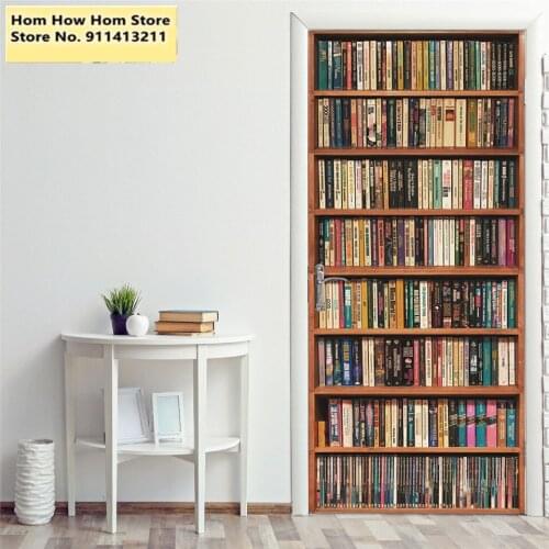 DIY PVC Waterproof Self Adhesive Wallpaper Stickers on the Doors Retro Library Bookshelf Door Sticker Home Decor Poster Decals