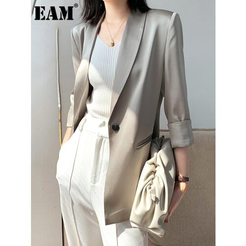[EAM] Women Silver Gray Thin Blazer New Lapel Three-quarter Sleeve Loose Fit Jacket Fashion Tide Spring Summer 2021 1DE0229
