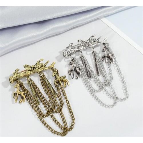 1PC Gothic Vintage Bronze Deer Tassel Chain Brooch For Women Men Punk Metal Tree Animals Big Bangle Collar Pin Jewelry P128