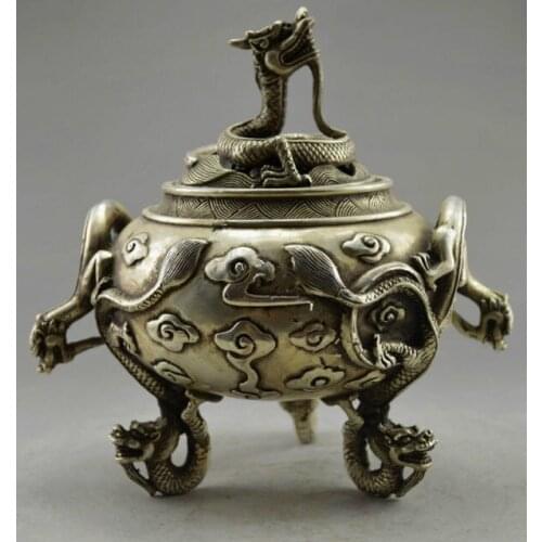 Exquisite Chinese Collectible Decorated Old Handwork Tibetan Silver Carved with 6 Dragon Incense Burner