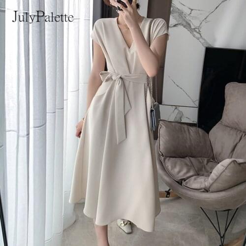 JulyPalette French Hepburn Pocket Dress 2021 Summer High Waist V-neck Women Party Dress Elegant Office Ladies Sashes Dress New
