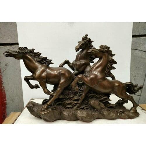 Chinese Copper Bronze Feng Shui auspicious Gallop Run Three Horses Steed Statue