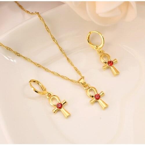 Gold cz Egyptian Ankh Cross Jewelry Set Women Charms Jewelry Girls Egypt Hieroglyphs Crux Ansata pendant necklace earrings gifts